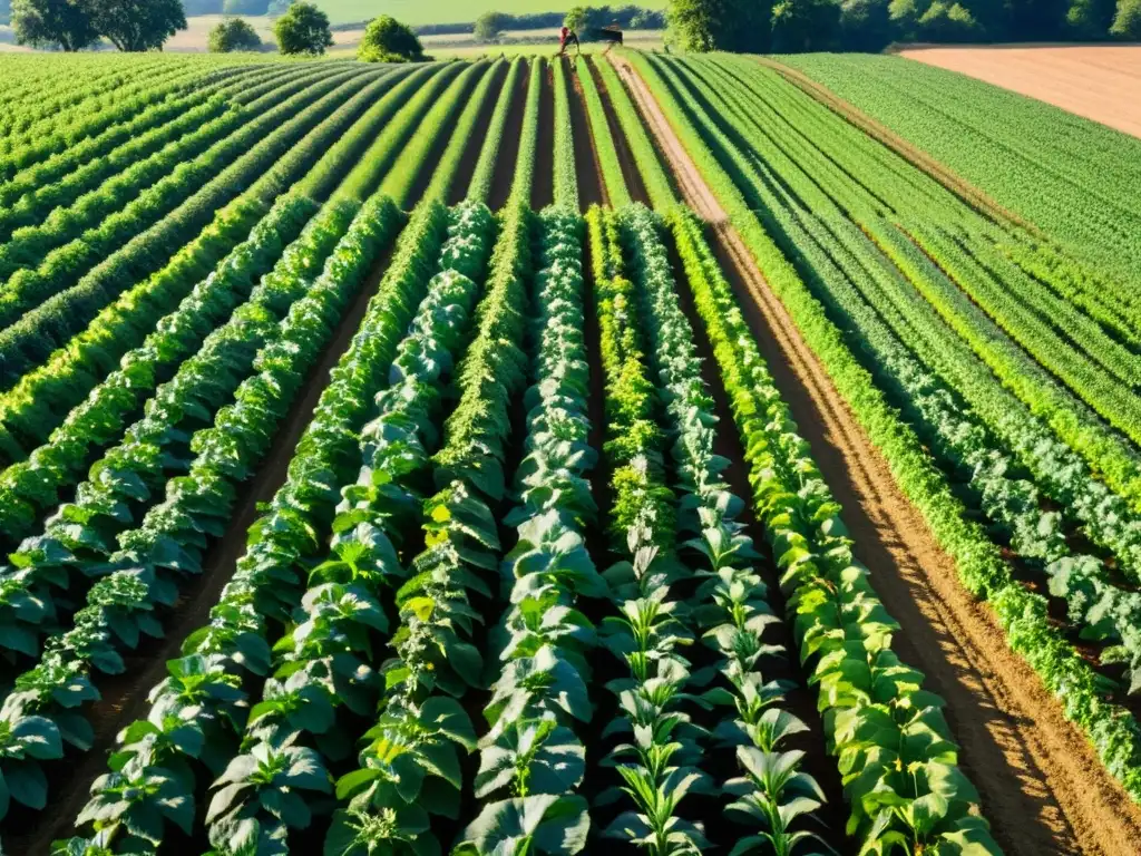 Campo agrícola sostenible: belleza y productividad Un campo agrícola exuberante se extiende hasta el horizonte, con cultivos en filas perfectas