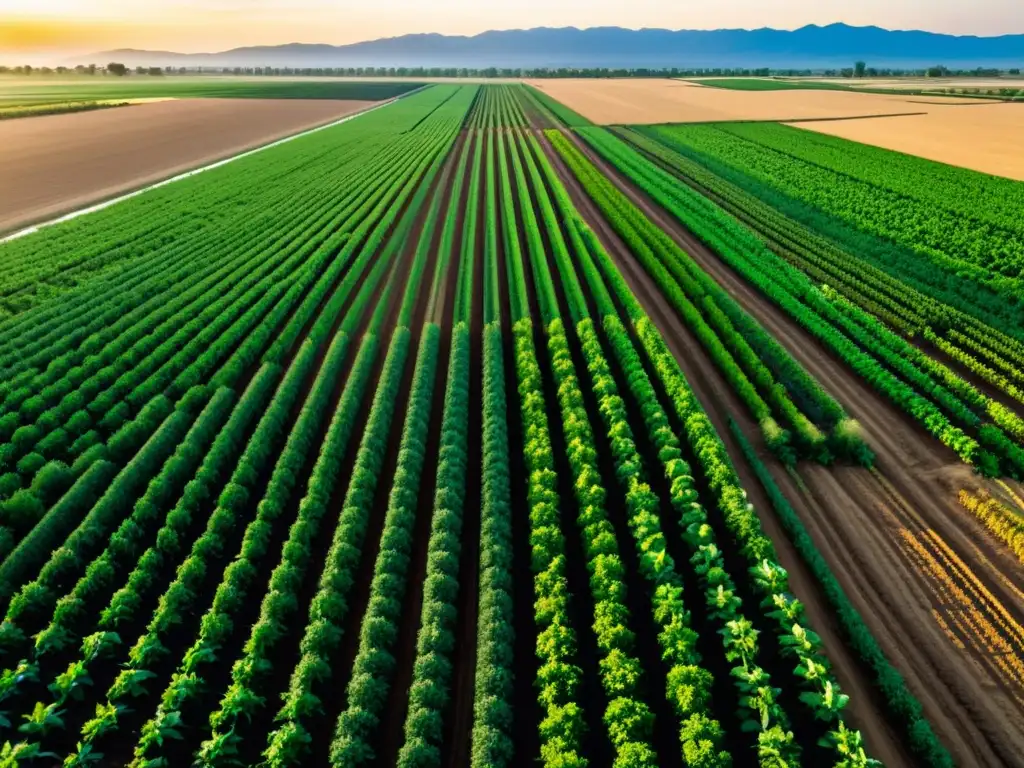Campo agrícola sostenible con tecnología moderna Un campo agrícola exuberante se extiende hasta el horizonte, con cultivos vibrantes en suelo fértil