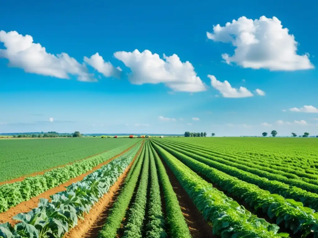 Campo agrícola verde exuberante: armonía natural y labor humana Un campo agrícola exuberante y ordenado se extiende hacia el horizonte, con cultivos vibrantes y un cielo azul salpicado de nubes