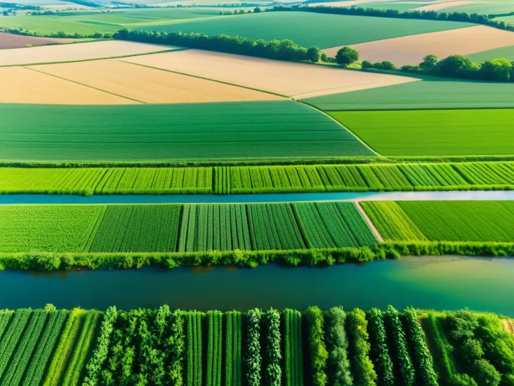 Campo agrícola europeo: cumplimiento de regulaciones de calidad del agua Un campo agrícola exuberante y verde se extiende hasta el horizonte, bordeado por un río claro y caudaloso