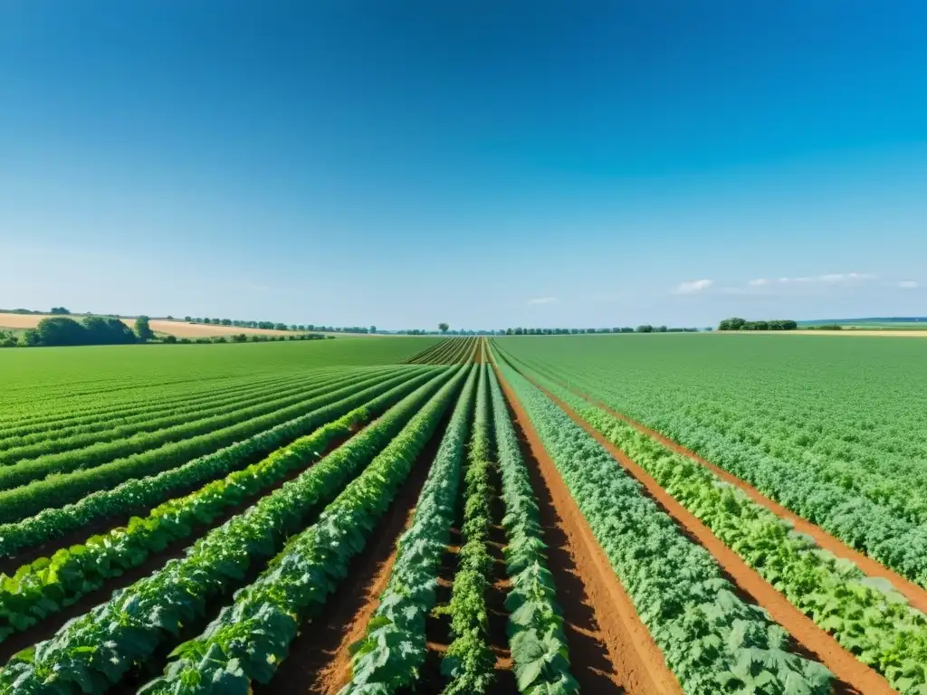 Campo lleno de vida: agricultura práctica bajo cielos azules Un campo agrícola exuberante y vibrante, con agricultores trabajando en los cultivos bajo un cielo azul claro