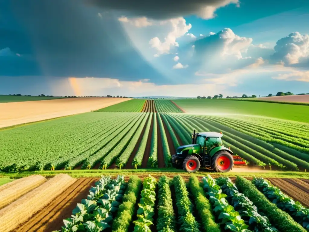 Campo agrícola próspero bajo el sol Un campo agrícola exuberante y vibrante se extiende hacia el horizonte, bañado por la luz del sol