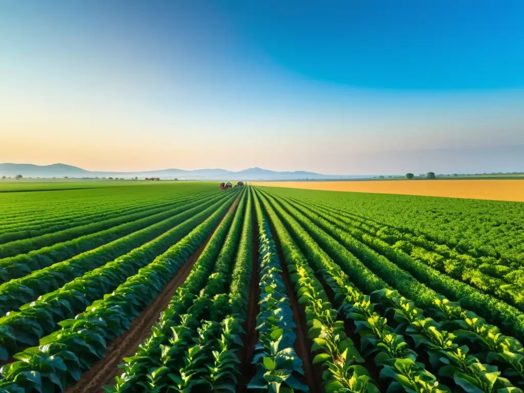 Trabajo agrícola tradicional y tecnología futurista en campo soleado Un campo agrícola iluminado por el sol con cultivos verdes vibrantes y agricultores trabajando bajo el cielo azul
