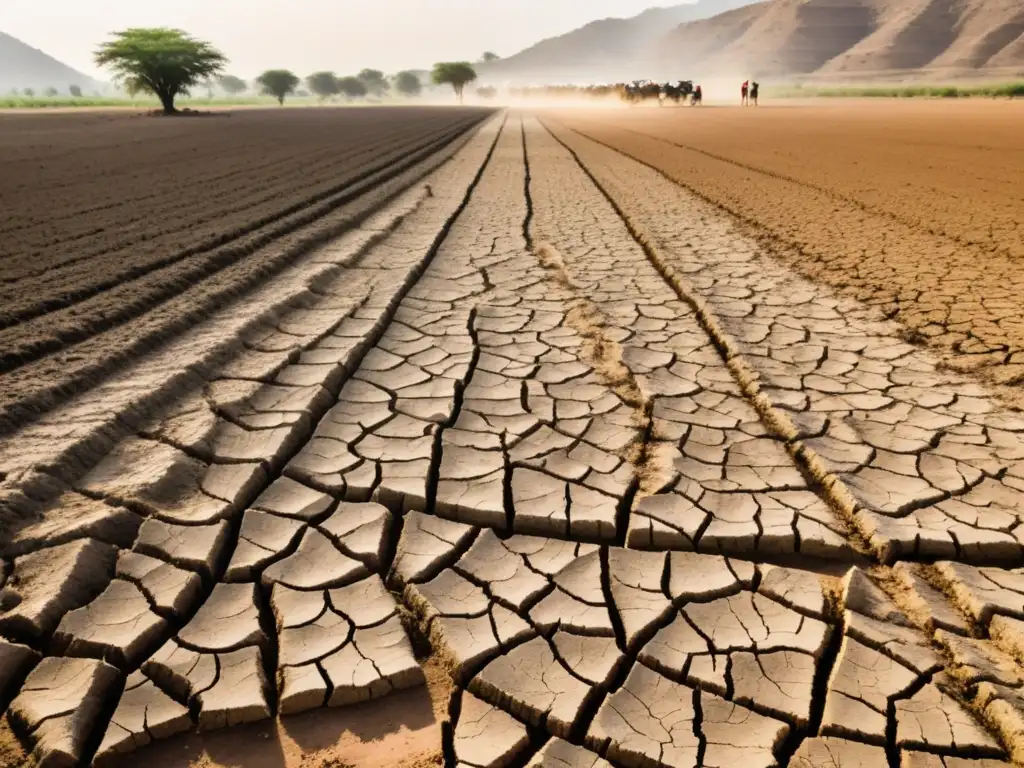 Escasez de agua en la agricultura: lucha por la supervivencia Campo agrícola reseco bajo el sol, cultivos marchitos y suelo polvoriento