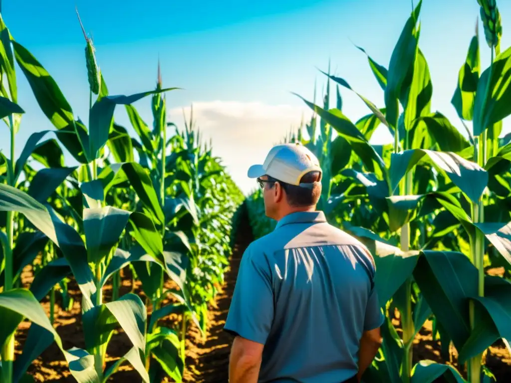Maíz transgénico: tecnología y tradición en la agricultura Un campo de maíz transgénico, con filas de altos y vibrantes tallos, bañados por la luz del sol