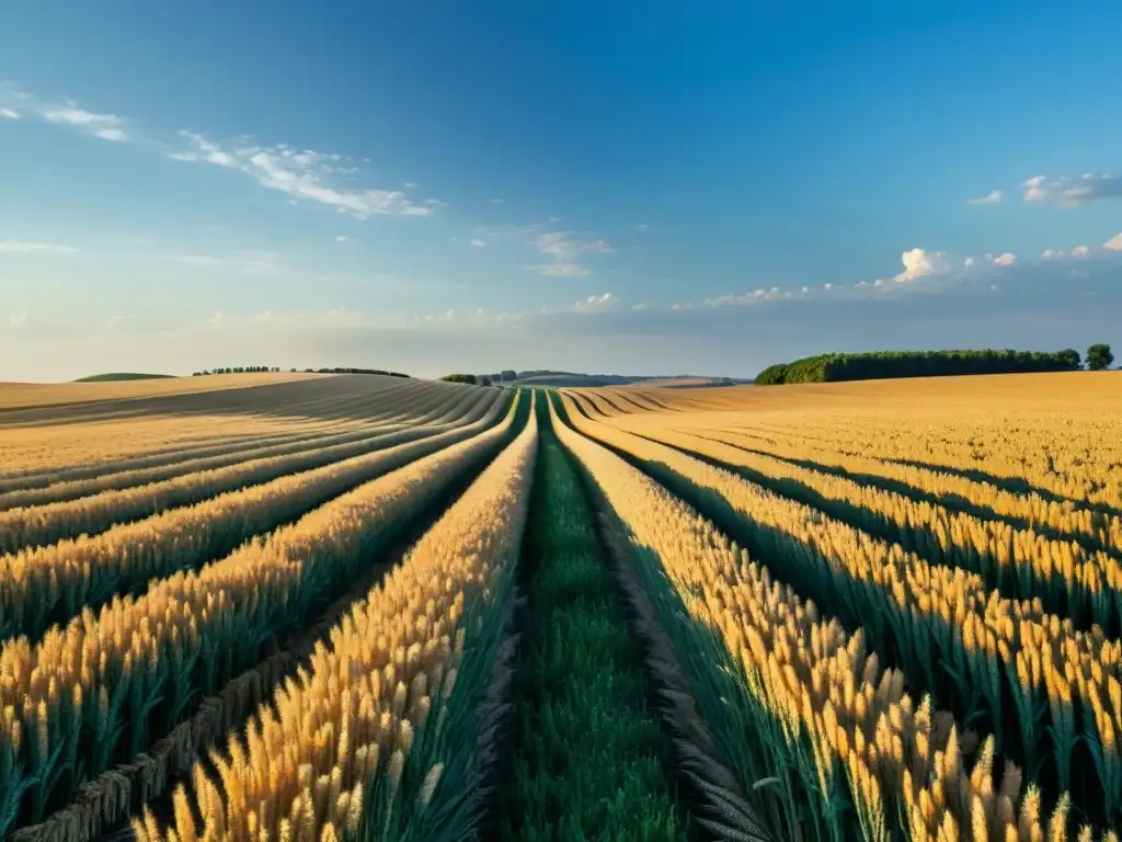 Campo de trigo dorado bajo el sol Un campo de trigo dorado se extiende hasta el horizonte bajo un cielo azul