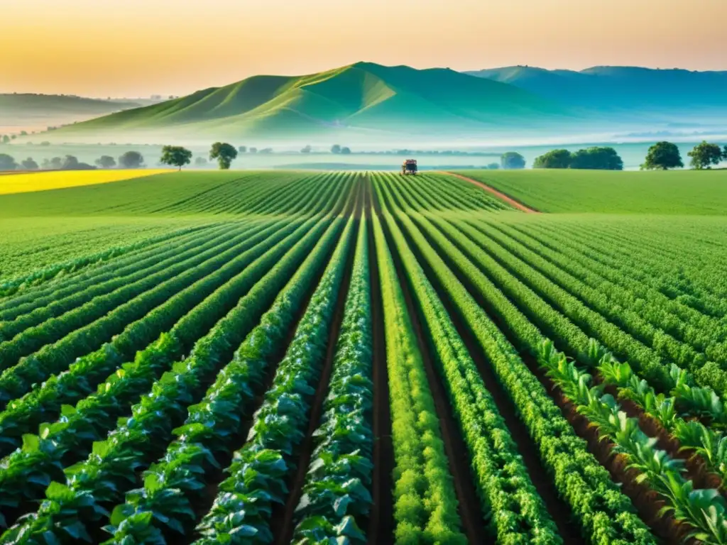 Campo agrícola sostenible: dedicación y belleza verde Campo agrícola vasto y exuberante con cultivos verdes en patrones simétricos