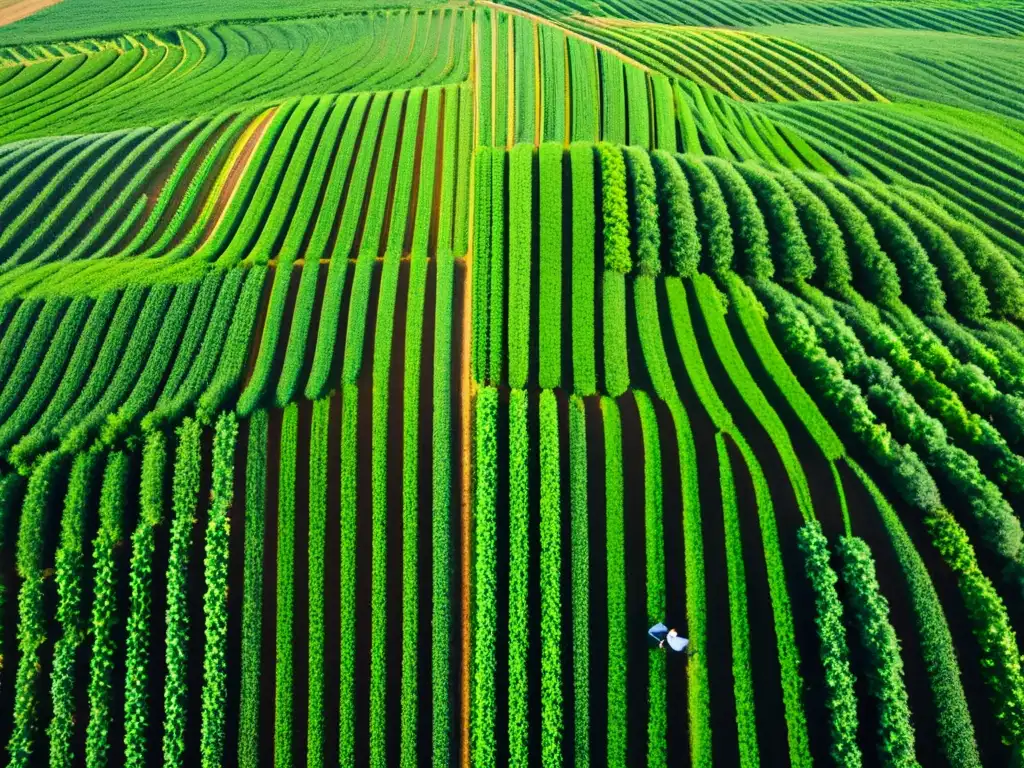 Avance biotecnológico en campos agrícolas: Impacto rural Un campo agrícola verde exuberante con cultivos transgénicos que se extienden hacia el horizonte