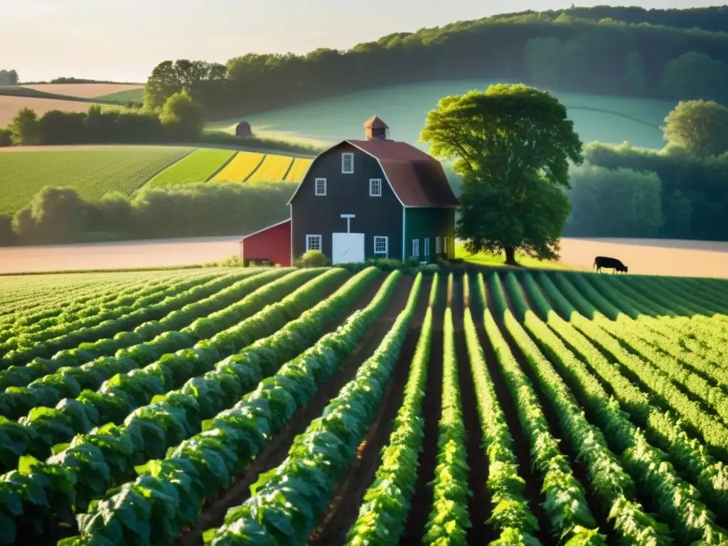 Campo verde exuberante bañado por la luz dorada: armonía agrícola Un campo verde exuberante se extiende hasta el horizonte, bañado por la luz dorada del sol