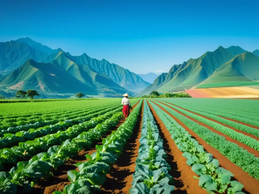 Campesino cuidando cultivos orgánicos en campo verde Un campo verde exuberante en América Latina donde un agricultor cuida los cultivos de forma sostenible, en armonía con el entorno