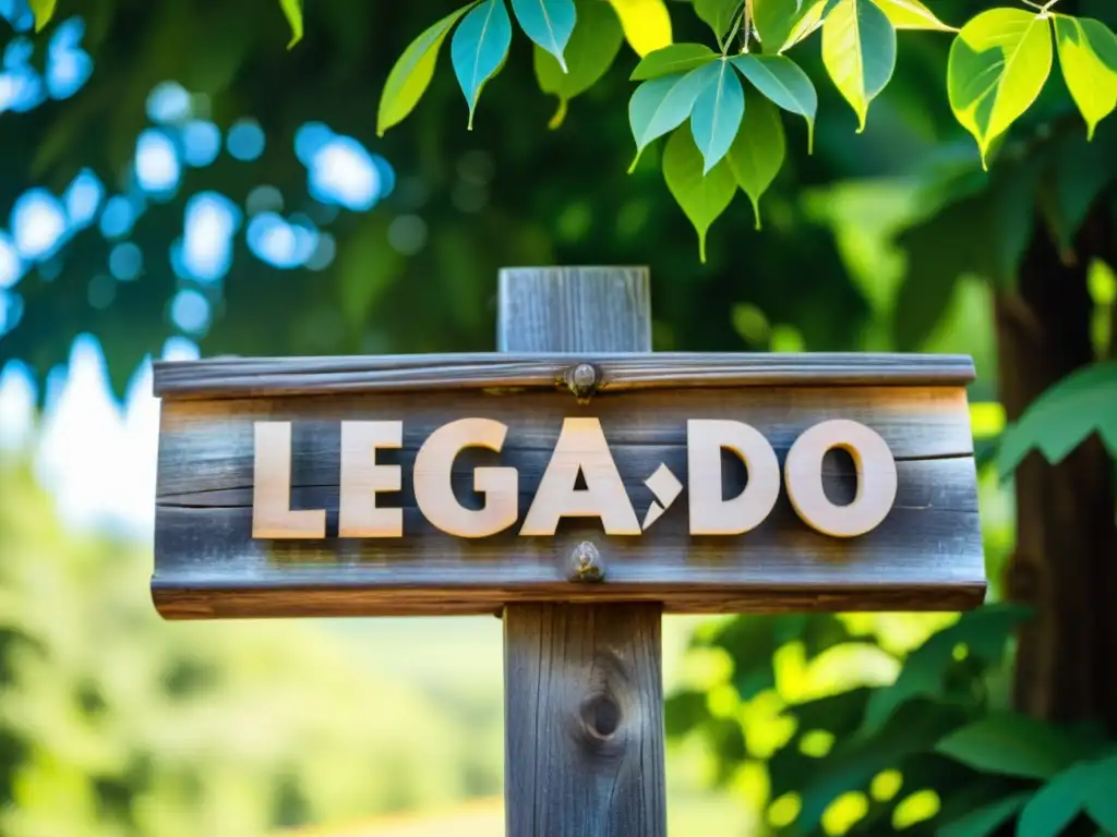 Legado Familiar: Señal de madera artesanal en la granja Un cartel de madera artesanal en una granja familiar, con 'Legado Familiar' tallado, rodeado de vegetación exuberante y luz cálida