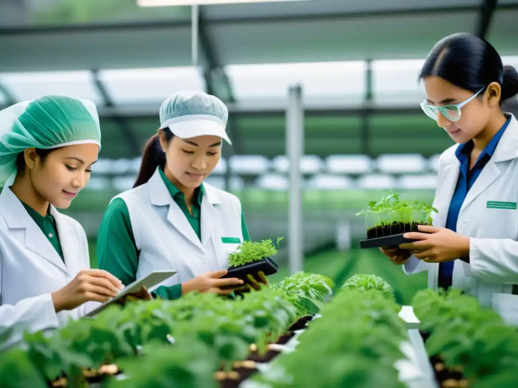 Centro de Capacitación en Biotecnología Agrícola: Colaboración y Progreso Un centro de capacitación en biotecnología agraria, con agricultores y científicos trabajando juntos en un entorno rural innovador