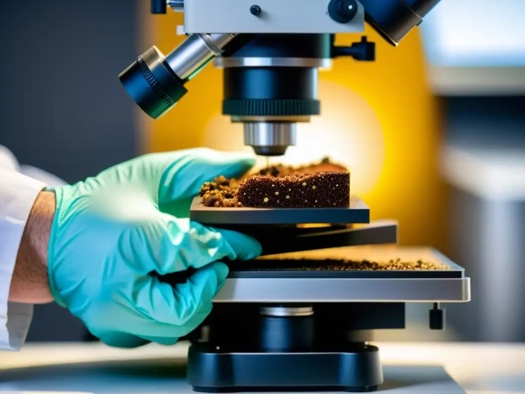 Análisis detallado de suelo bajo microscopio: expertos en acción Un científico analiza cuidadosamente una muestra de suelo bajo el microscopio, buscando el fertilizante adecuado para suelos