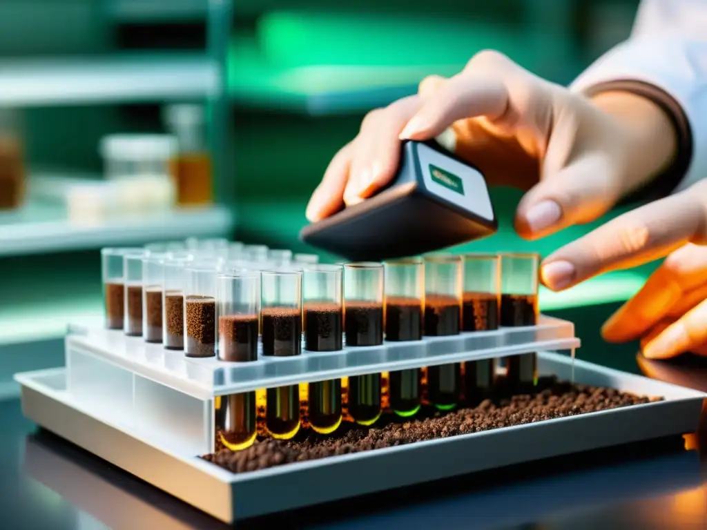 Análisis detallado de suelos en laboratorio: expertos en acción Un científico examina detalladamente muestras de suelo en un laboratorio, buscando el fertilizante adecuado para análisis de suelos