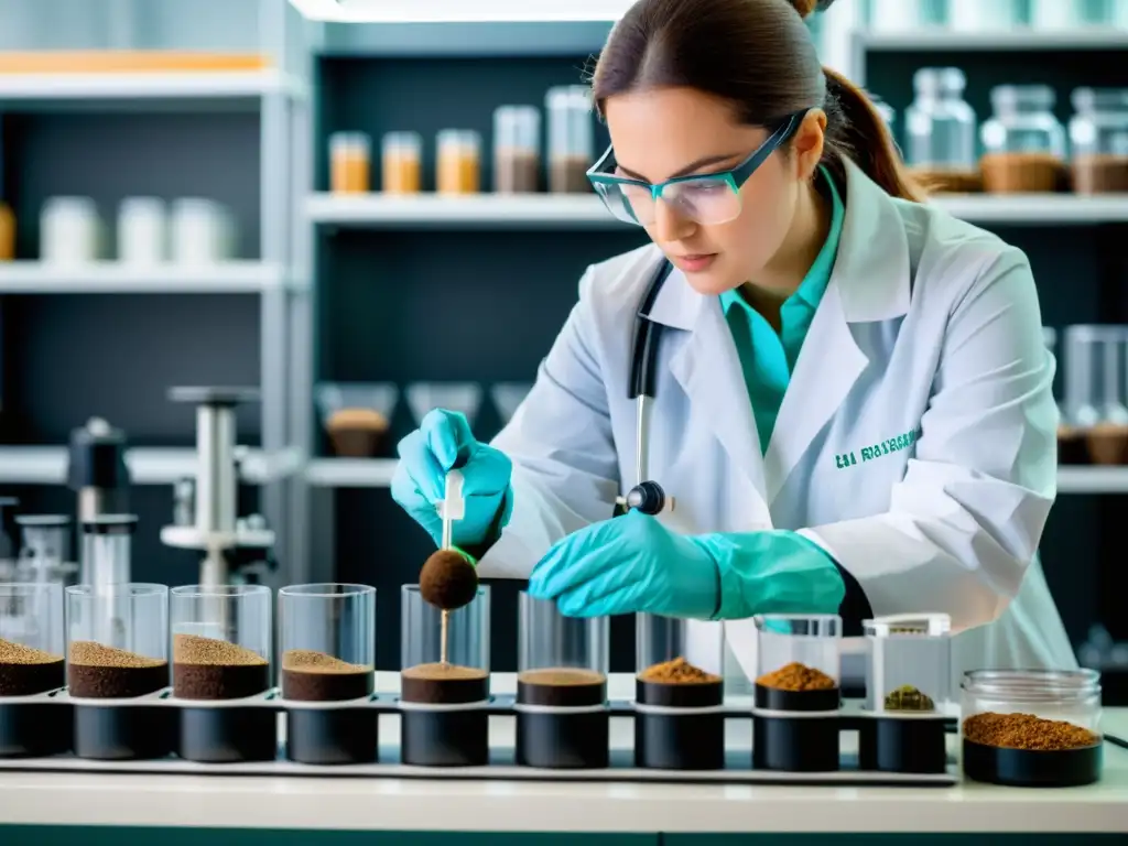 Experto en suelos: Análisis detallado de muestras Un científico del suelo experto analiza muestras con equipo especializado en un laboratorio brillante, buscando el fertilizante adecuado para suelos
