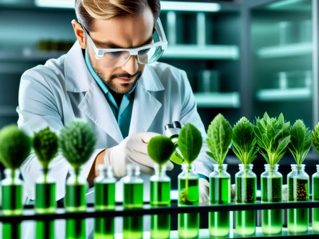 Exploración detallada de cultivo de tejidos vegetales en laboratorio Un científico examina con precisión tejido vegetal en un tubo de ensayo, mostrando la meticulosidad de la investigación en biotecnología agraria