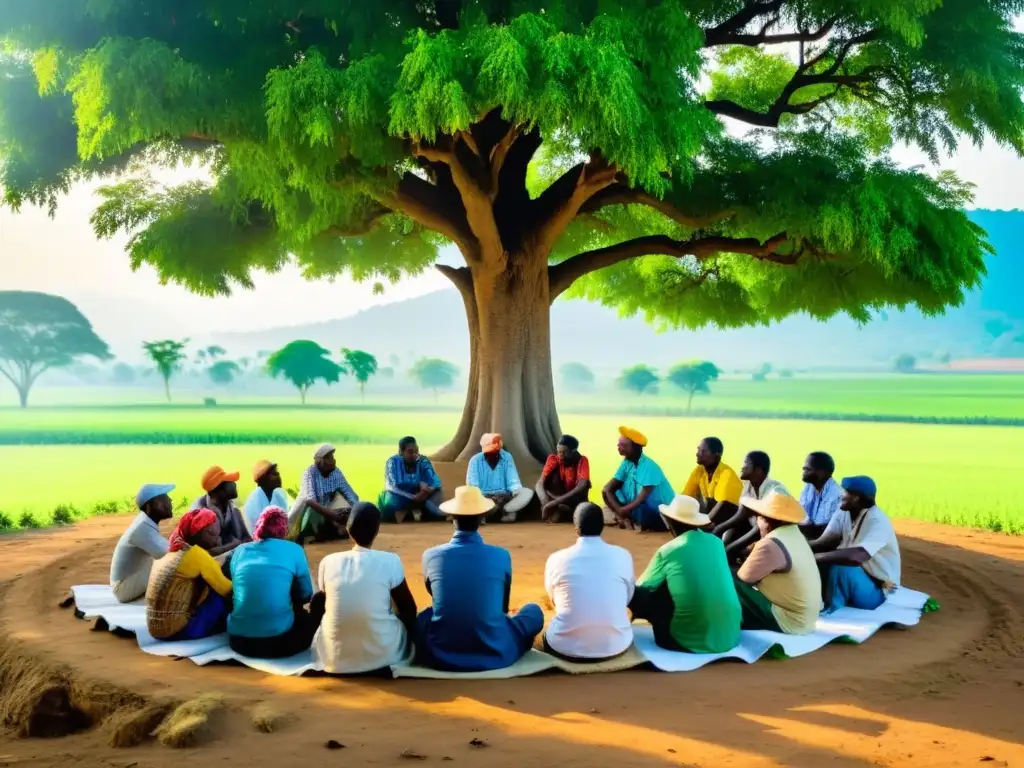 Mediación agrícola: Resolver conflictos con esperanza Un círculo de agricultores en mediación bajo un árbol