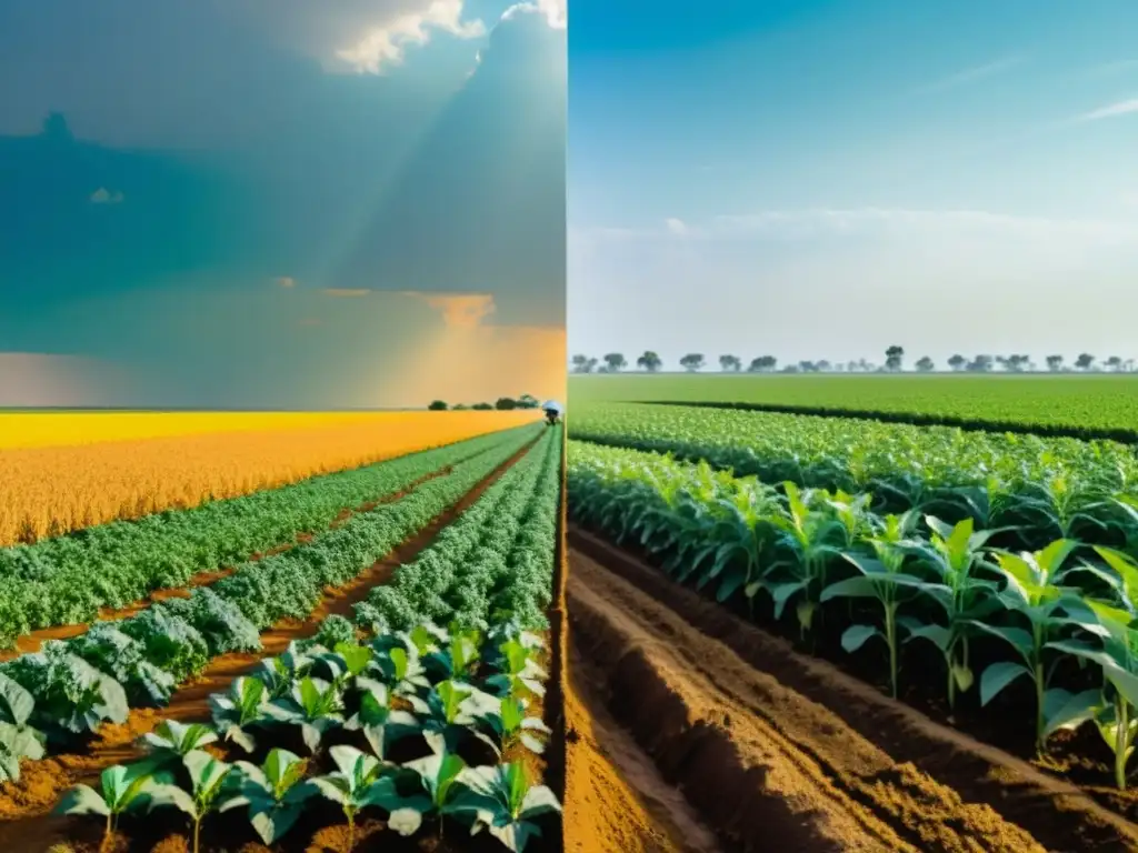 Controversia Transgénica: Campo de Genéticamente Modificados vs Contraste impactante entre campo transgénico próspero y campo no transgénico desolado