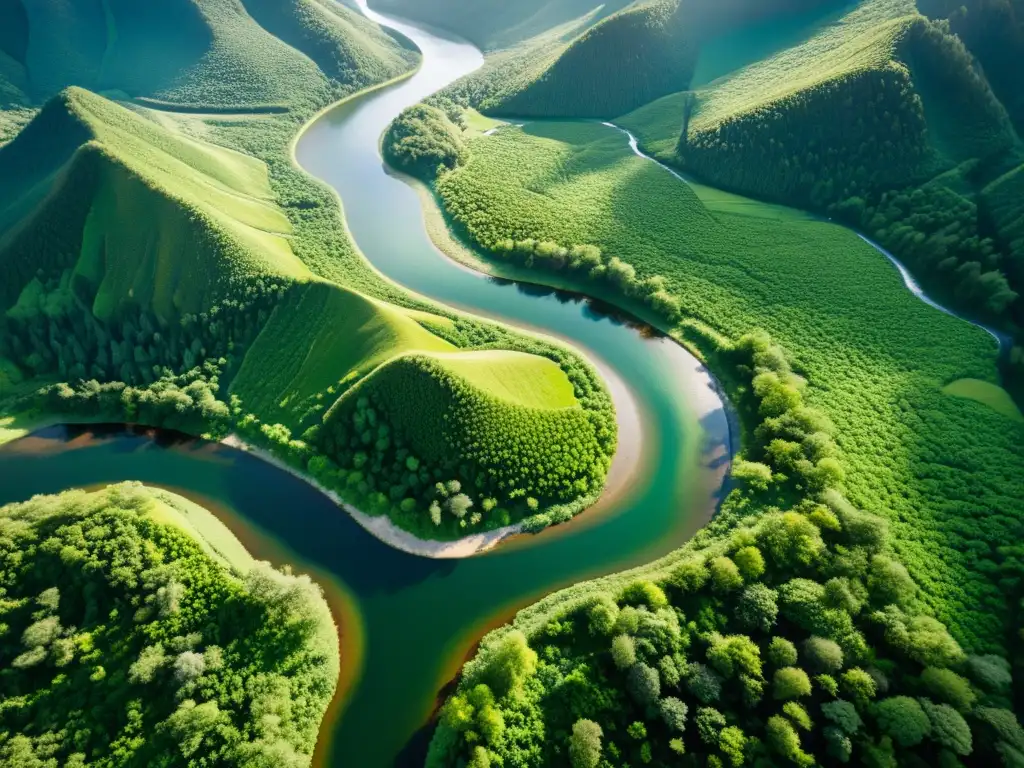 Valle exuberante: redes de ríos y arroyos capturados desde el aire Formación en Derecho de Aguas: Fotografía aérea de ríos y arroyos serpenteando por un valle exuberante, reflejando montañas y bosques