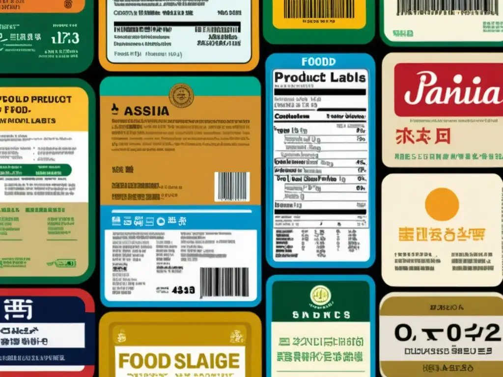 Diversidad en Etiquetas de Alimentos en Asia: Normativas y Lenguajes Detalle de etiquetas de productos alimenticios de Asia, reflejando la diversidad en normativa y lenguajes
