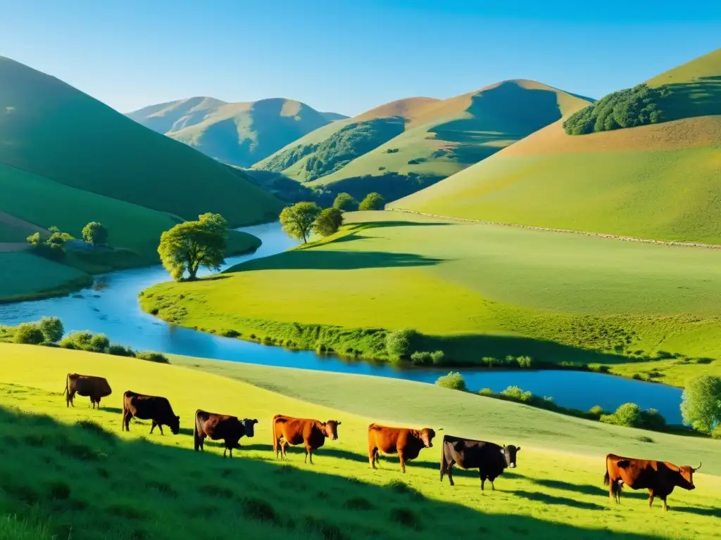 Paisaje rural: Ganado pastando bajo cielo azul Un escenario rural sereno con ganado pastando en un prado verde bajo el cálido sol