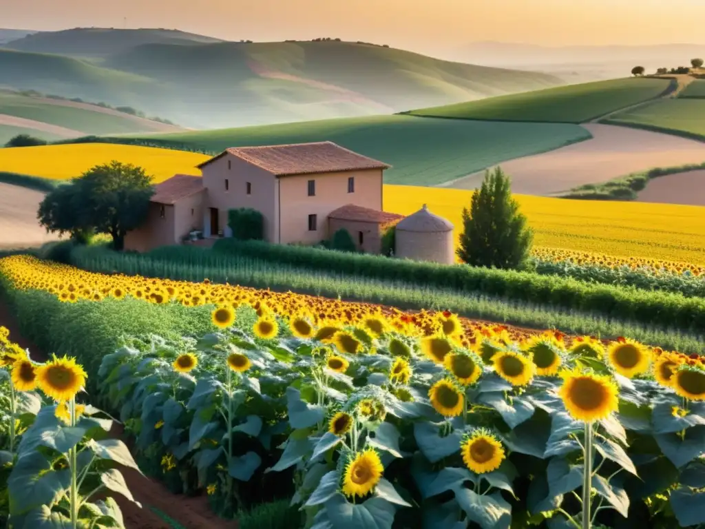 Atardecer sereno en la granja española Espléndido paisaje rural con granjas, campos y agricultores españoles