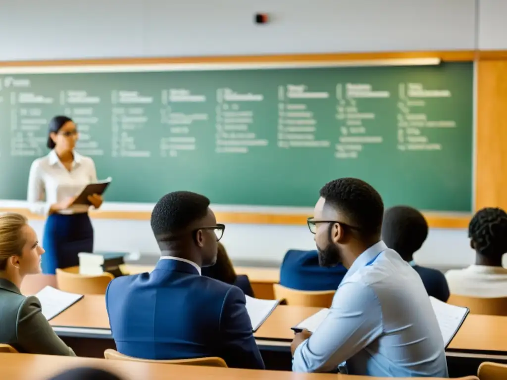 Estudio serio: alumnos atentos toman apuntes en clase de agronomía Estudiantes toman notas en una conferencia sobre legislación agraria en un aula iluminada, con un ambiente académico serio y profesional