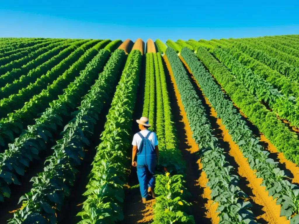 Granja verde: experto agricultor inspeccionando cultivos Un experto agricultor inspecciona un campo verde y exuberante bajo el cálido sol