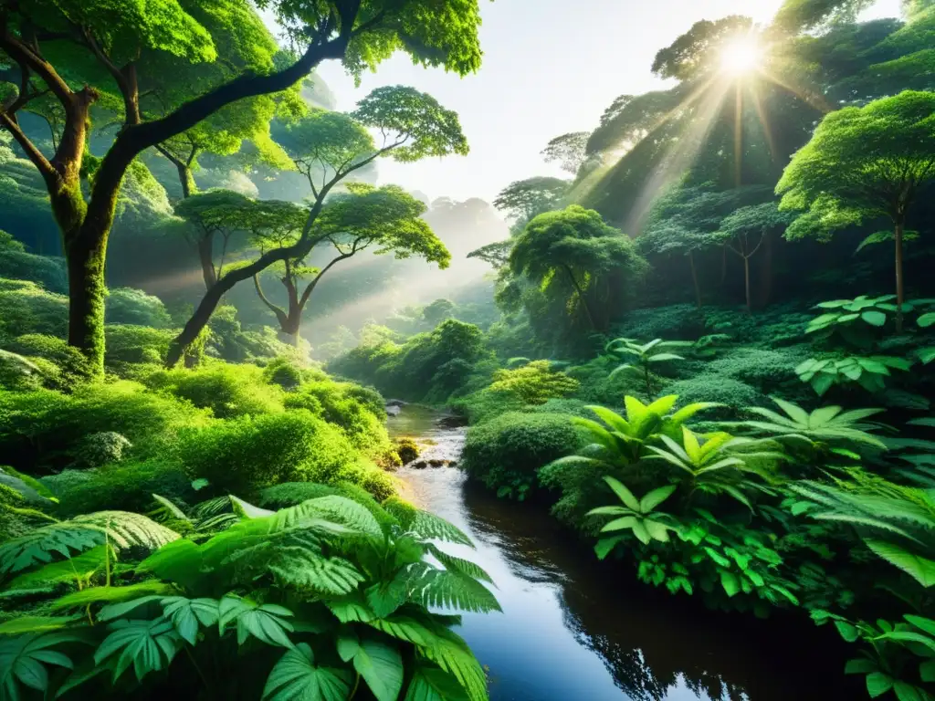 Biodiversidad exuberante en bosque asiático Un exuberante bosque denso en un paisaje rural asiático, con una diversa vida vegetal y animal