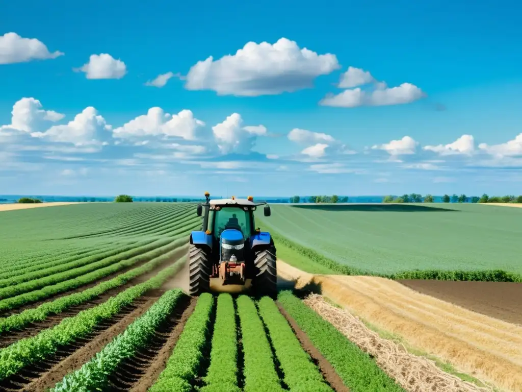 Tranquilidad rural: Agricultura en verde En la exuberante y extensa campiña, un agricultor inspecciona la tierra junto a su tractor