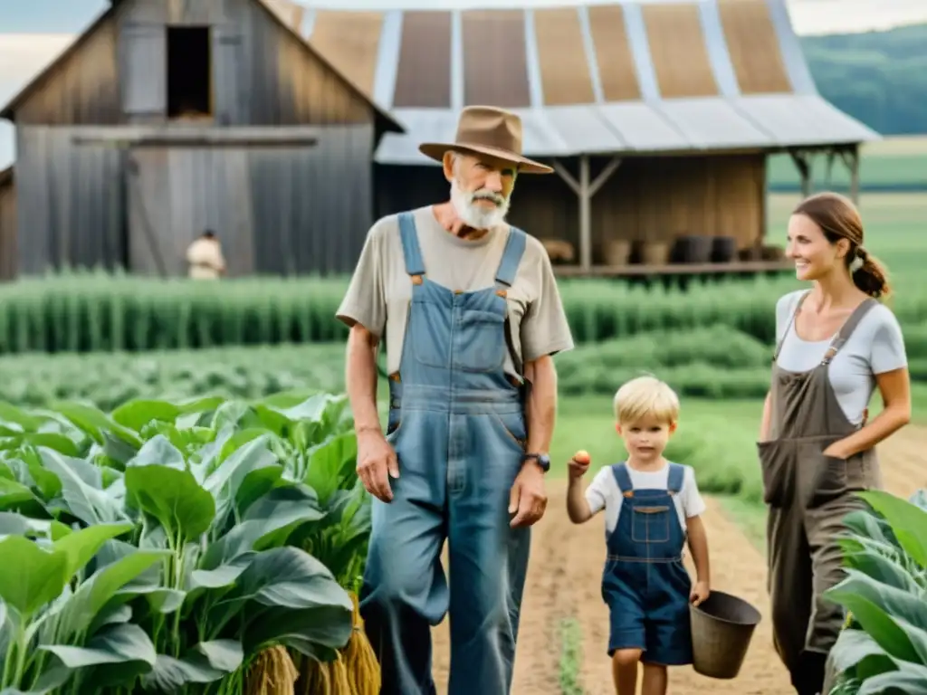 Legado agrícola: traspasando la tradición Una familia multigeneracional se prepara para preservar el legado agrícola en un entorno rural, transmitiendo herramientas de granja