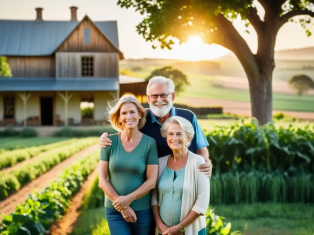 Retrato familiar en la granja: legado agrícola y orgullo generacional Una familia multigeneracional protege su legado agrícola con determinación, en una imagen documental de orgullo y tradición rural bajo el cálido sol