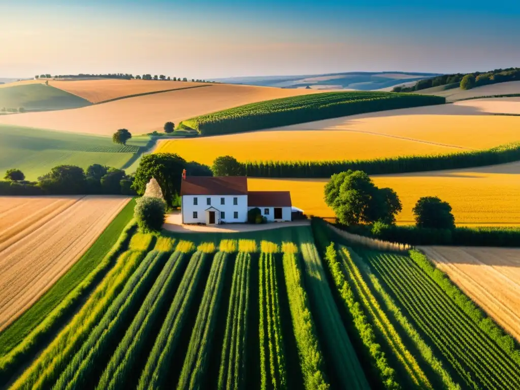 Espléndida finca rural con campos de trigo dorado y atardecer cálido Una finca rural bañada por el sol con campos dorados de trigo y una casa rústica