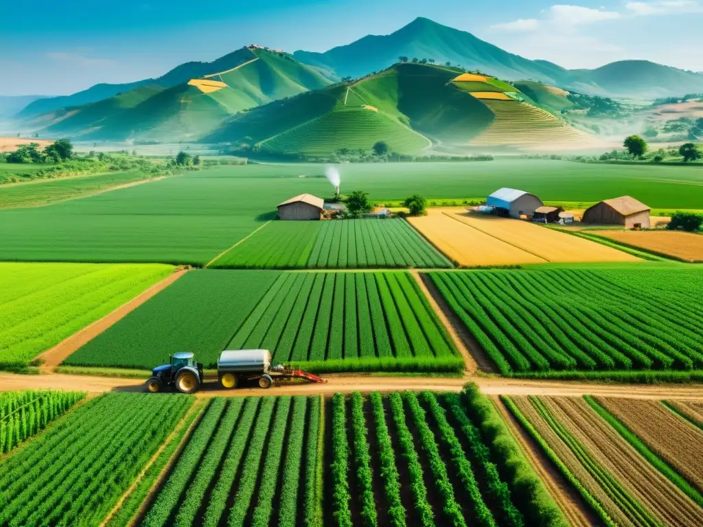 Desarrollo agrícola rural: Trabajo en los campos y cosechas vibrantes Fondos de Inversión Agrícola: desarrollo e infraestructura rural, comunidad agrícola trabajando en los campos con cultivos verdes vibrantes