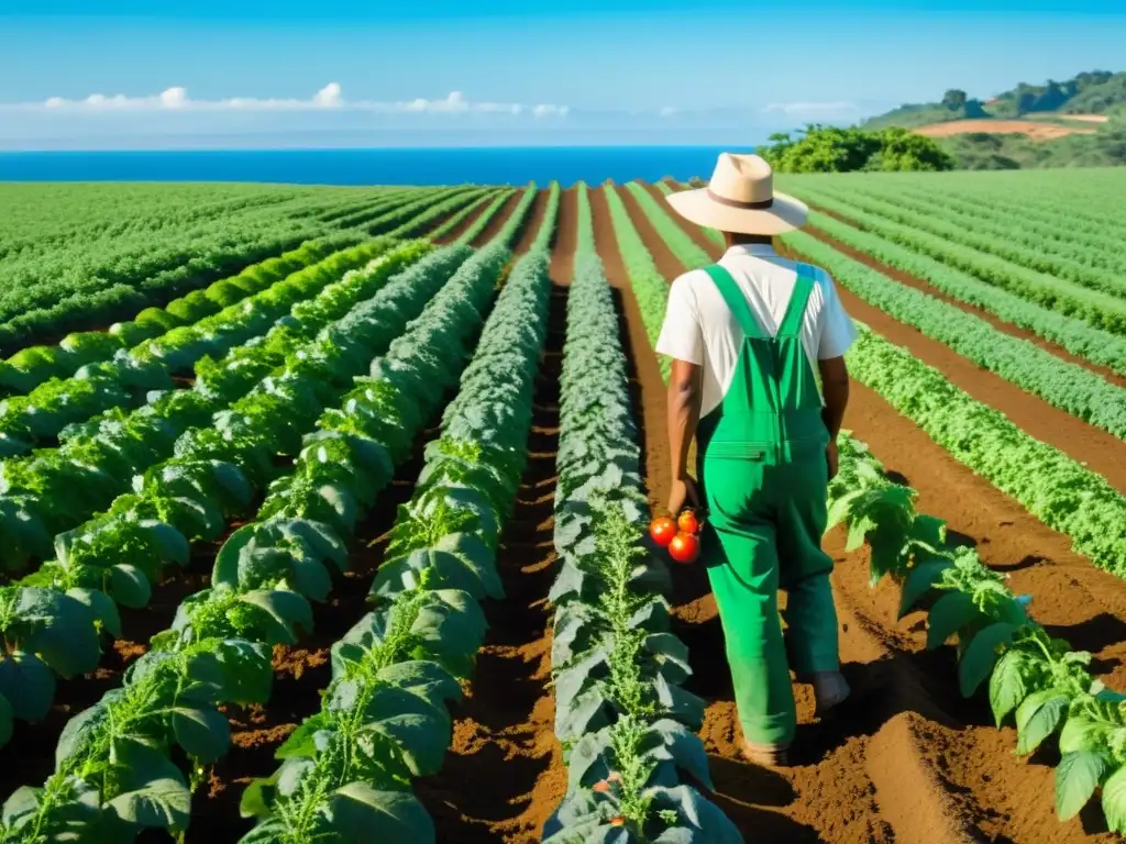 Granja orgánica en Oceanía: armonía entre humanos y naturaleza Granja orgánica en Oceanía con cultivos verdes y un agricultor inspeccionando tomates, reflejando la legislación bioseguridad producción orgánica