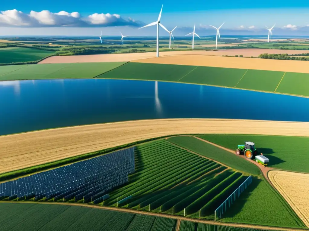 Granja sostenible: Energía renovable y agricultura en armonía Granja sostenible con paneles solares, molinos de viento, tractor y tierra fértil