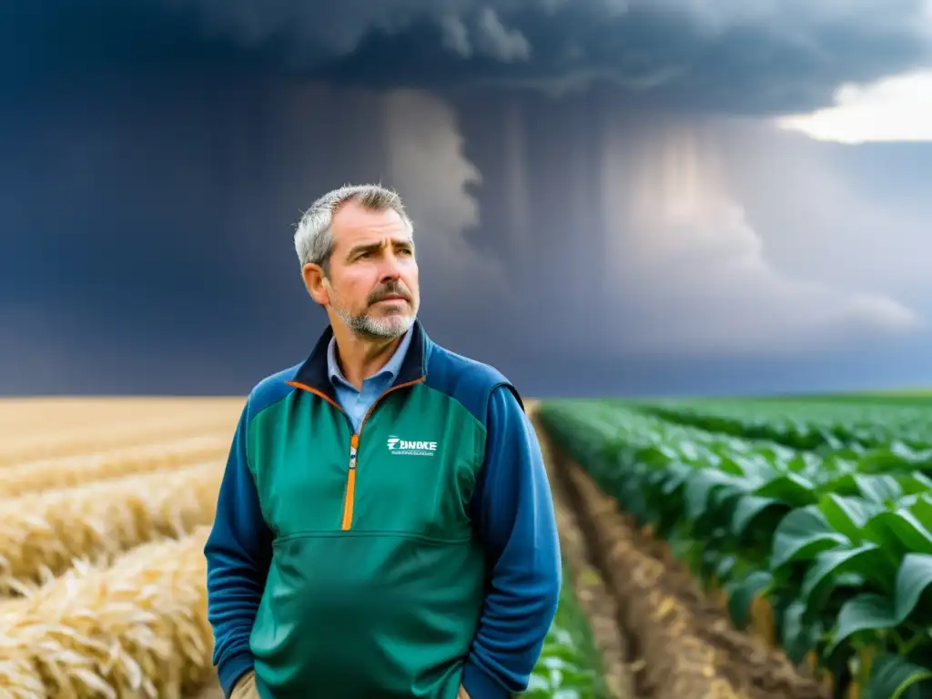 Granizo arrasa cultivos: desafíos en seguro agrícola Un granjero examina daños en sus cultivos por el clima
