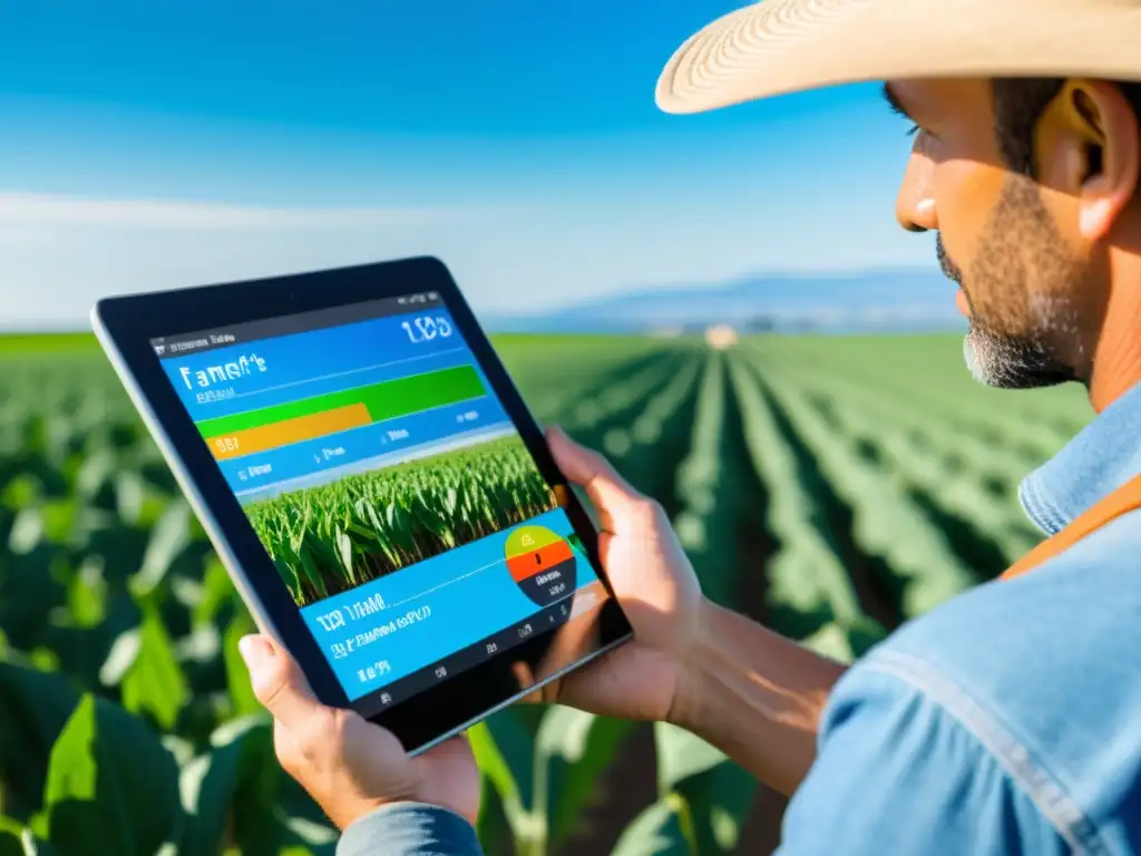 Agrofuturo: Tecnología y Agricultura en Armonía Un granjero controla datos de cultivo en una tableta en un campo soleado