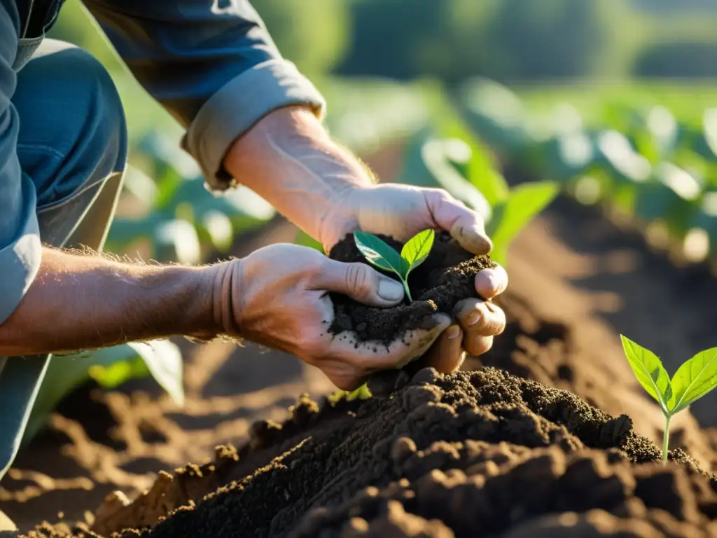 Inspección detallada de cultivo: manos del granjero y la preocupación Un granjero examina con detalle su cosecha dañada bajo la cálida luz del sol, demostrando la dedicación en el procedimiento reclamación indemnización seguro agrario