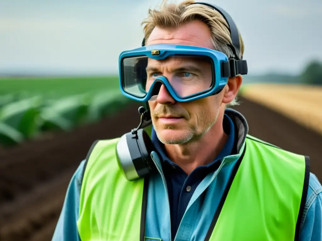 Detalles de equipo de protección en maquinaria agrícola Un granjero operando maquinaria agrícola con equipo de protección