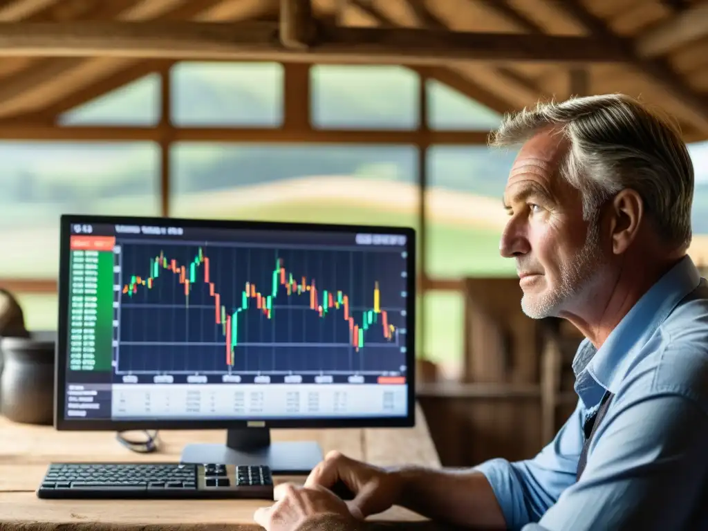 Agricultura moderna: el granjero analiza datos de mercado con determinación Un granjero estudia con determinación los mercados de futuros para cosecha en su computadora, en una escena que combina lo tradicional y lo moderno