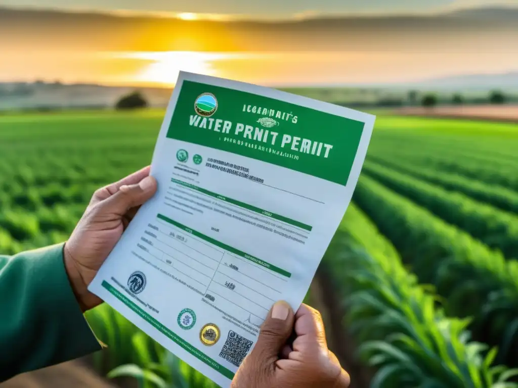 Permiso de Extracción de Agua: Manos del Agricultor Un granjero sostiene un permiso de extracción de agua en campos agrícolas