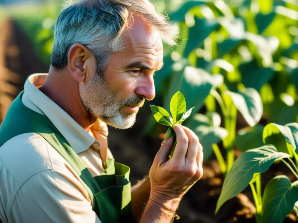 Inspección detallada del cultivo: preocupación del granjero Un granjero preocupado inspecciona su cultivo dañado bajo el sol, mostrando los detalles de las hojas y el suelo