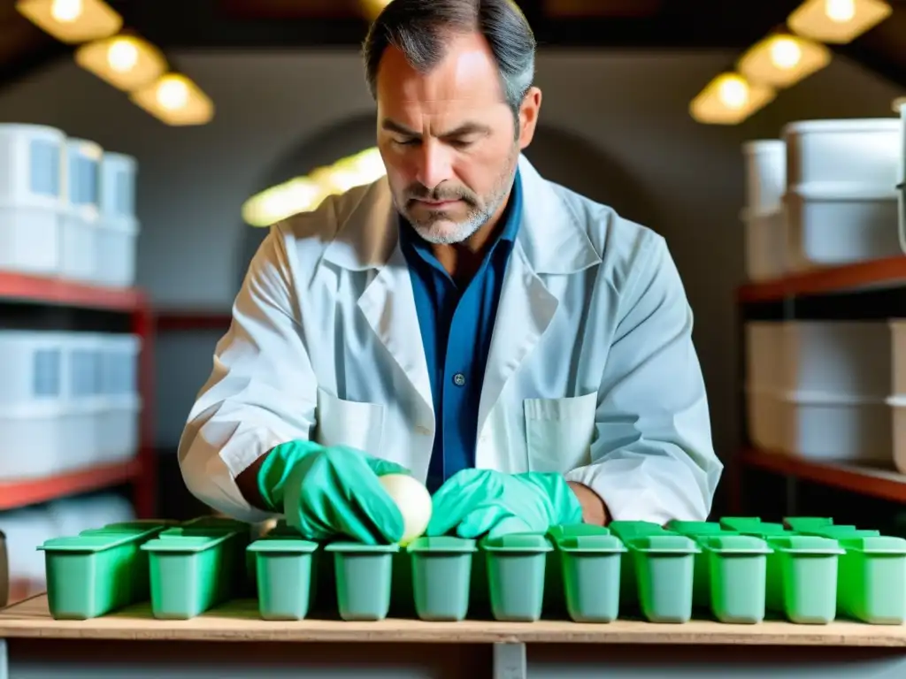 Inspección minuciosa de fertilizantes y pesticidas Un granjero profesional inspecciona con seriedad contenedores de fertilizantes y pesticidas, mostrando dedicación a las normativas legales