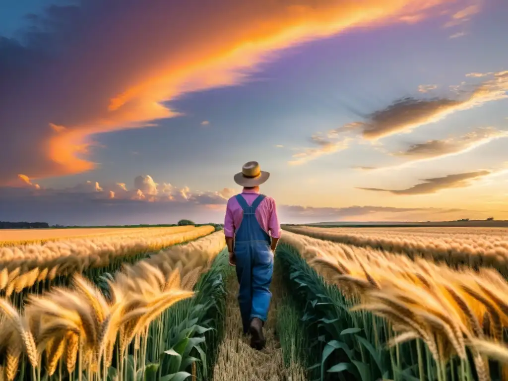 Atardecer dorado sobre campo de trigo: el poder de la naturaleza Un granjero contempla su próspera cosecha al atardecer dorado