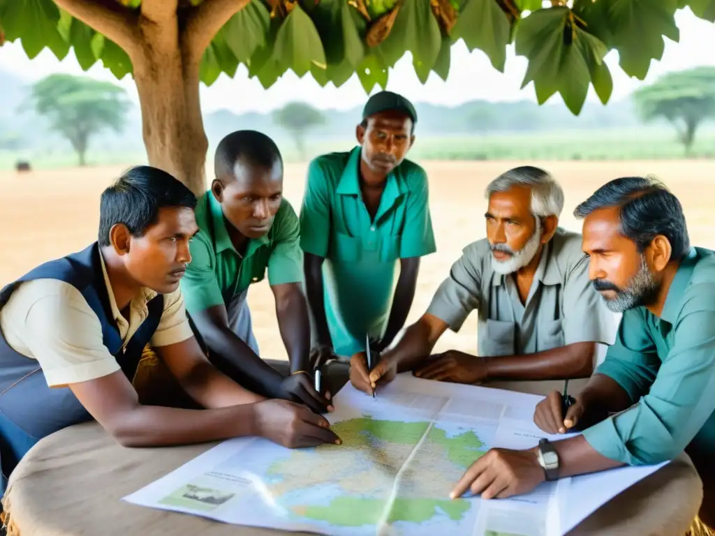Conversación estratégica entre agricultores: esperanza y determinación Un grupo de agricultores se reúne bajo un árbol, discutiendo estrategias de mediación agraria