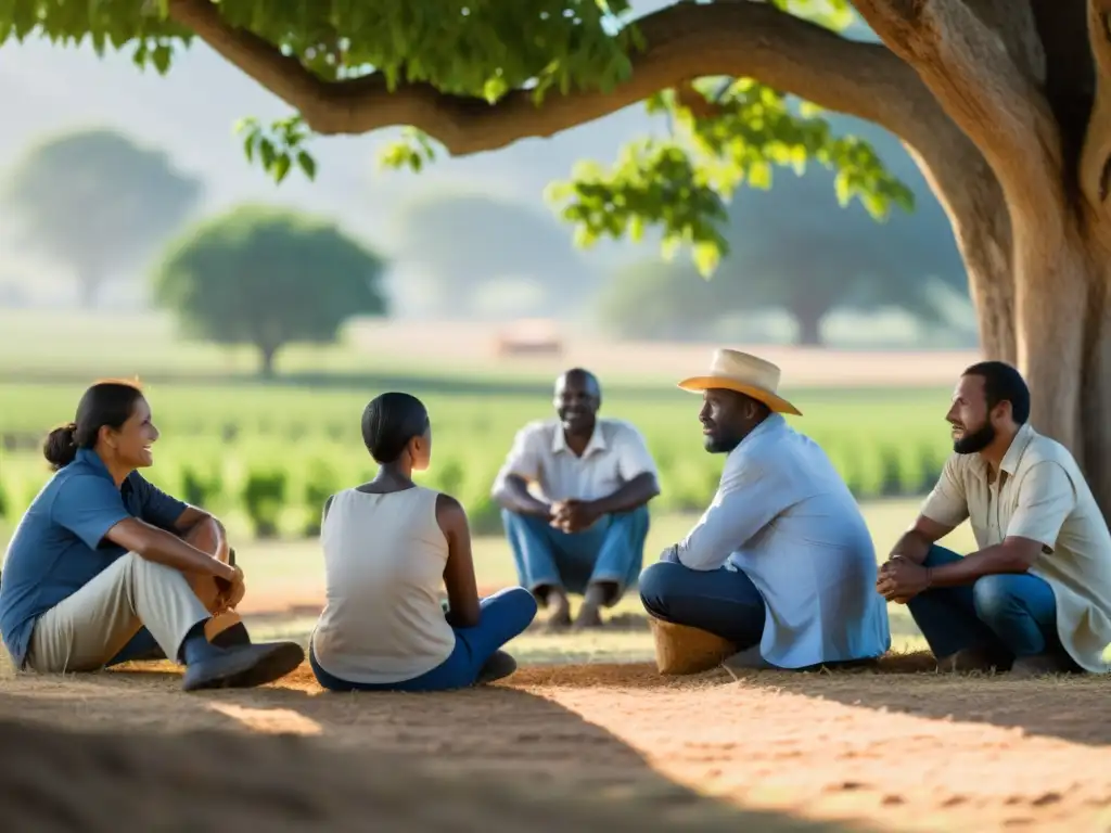 Mediación rural: unión y colaboración bajo el árbol Un grupo de agricultores en mediación bajo un árbol, discutiendo y buscando soluciones