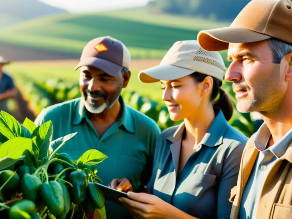 Inspección detallada de cultivos por agricultores en campo soleado Un grupo de agricultores inspecciona con cuidado su cosecha madura y saludable en un campo soleado, con determinación y satisfacción