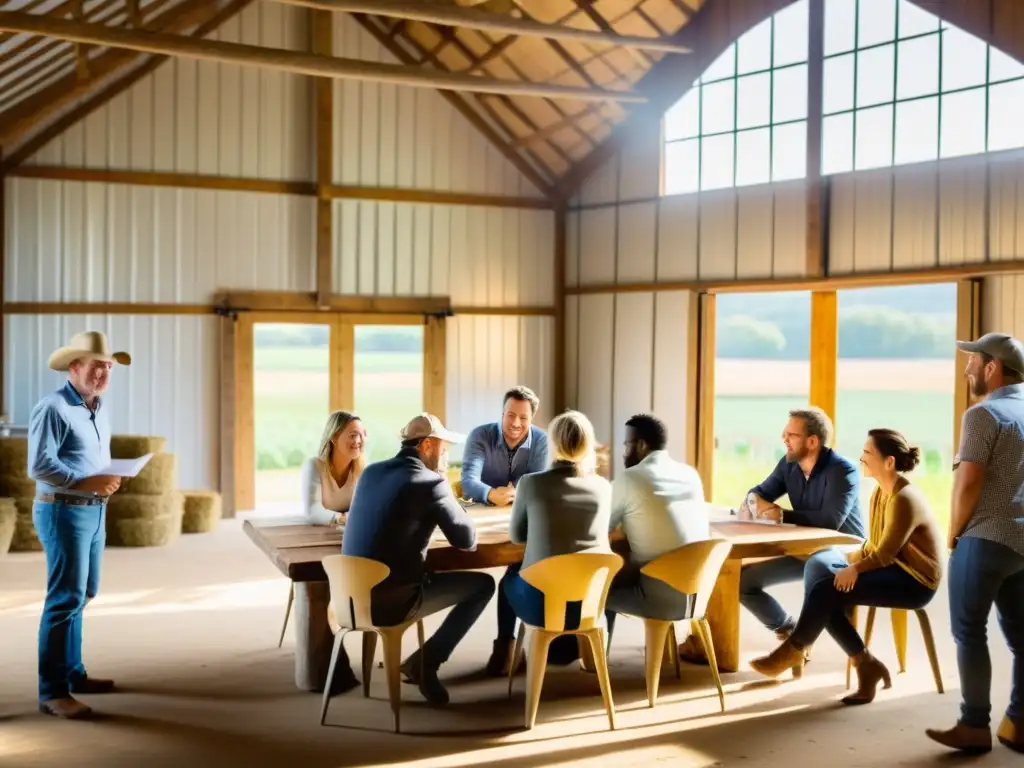 Reunión de emprendedores rurales planeando proyectos sostenibles Grupo de agricultores y emprendedores planificando su campaña de crowdfunding para proyectos rurales en un granero rústico