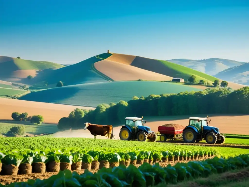Trabajo en el campo: agricultura rural vibrante Un grupo de agricultores trabajando juntos en un campo soleado, rodeados de colinas y cielo azul